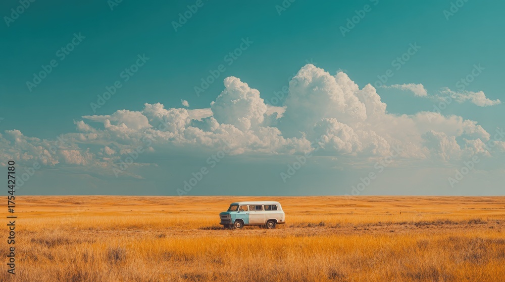 Fototapeta premium Van travels across open field under bright blue sky with fluffy clouds