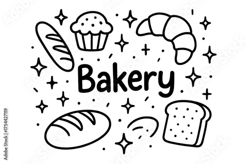 Doodle Star Bakery. Doodle bakery shop with stars, breads, and sparkles, center word “Bakery” in black and white isolated