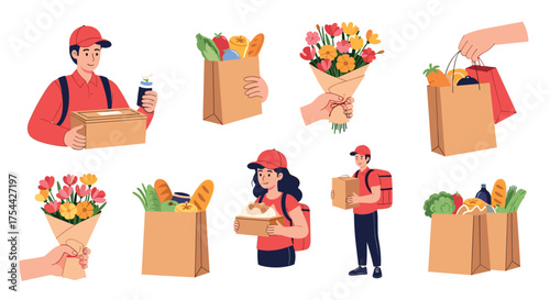 Illustrations depicting various aspects of online shopping and food delivery services.