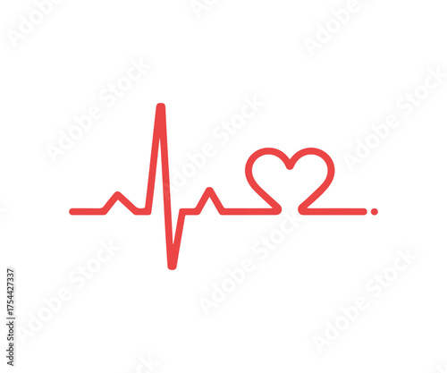 Red heartbeat line with heart shape isolated on white background