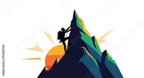 Silhouette of a climber scaling a mountain peak against a vibrant sunset, symbolizing challenge, adventure, determination, and the pursuit of goals
