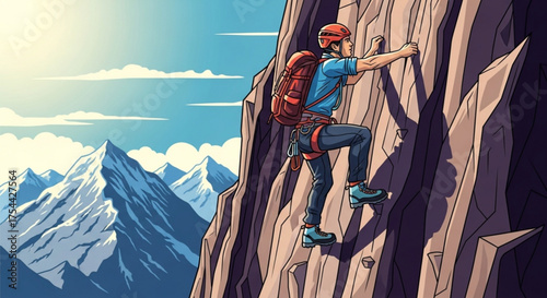 A determined rock climber ascends a steep cliff face, showcasing the thrill and challenge of mountaineering against a scenic mountain backdrop