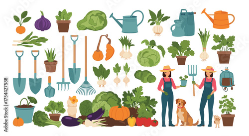 A vibrant collection of pixel art illustrating various vegetables and gardening tools is displayed.