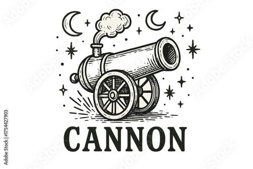 Steampunk Cannon Art. Hand-drawn steam cannon with moons, sparks, and sparkles, center word “Cannon” in black and white isolated