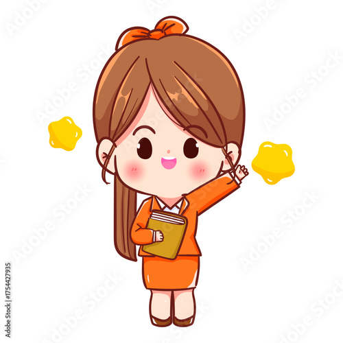 Cute Cartoon Businesswoman or Teacher Character Pointing Up. Cheerful Anime Girl Presentation Illustration.