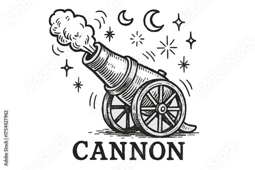 Steampunk Cannon Art. Hand-drawn steam cannon with moons, sparks, and sparkles, center word “Cannon” in black and white isolated