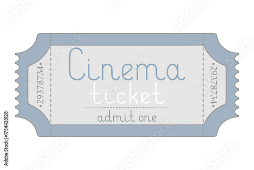 Cinema. Blue ticket admit one. Handwritten lettering in lowercase. Color vector illustration. Tear-off ticket with number. Isolated white background. Flat style. Idea for web design.