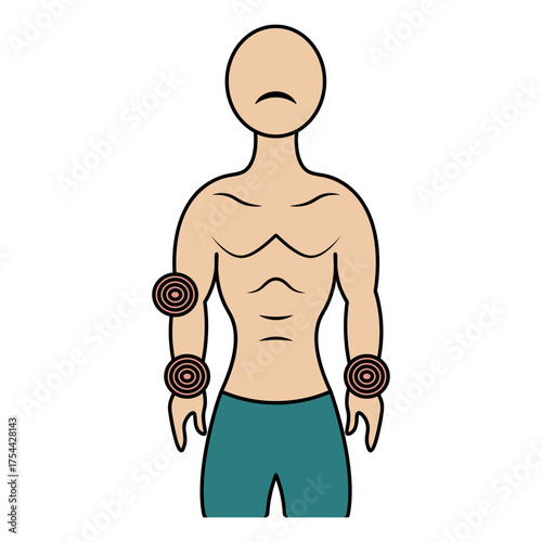 A patient with joint pain and headache. Color vector illustration. Pain in the wrists and elbows. Muscular physique. Isolated on white background. Cartoon. Medical theme. Web design concept.