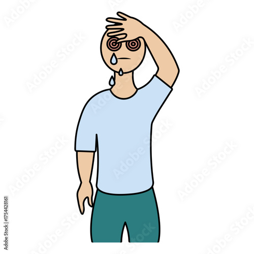 A patient has conjunctivitis and a headache. Dark circles under the eyes and dripping tears. Color vector illustration. The patient wipes away tears with his hand. Isolated on white background. 