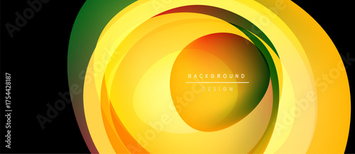 Abstract design features layered, flowing shapes. Colors transition from green to yellow, orange, red. Center displays text background, design.