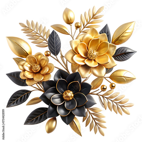 Black and gold floral arrangement isolated on transparent background