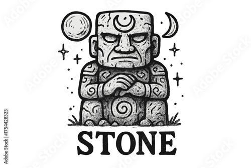 Stone Guardian Art. Hand-drawn stone guardian with moons, carvings, and sparkles, center word “Stone” in black and white isolated