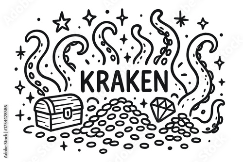 Kraken's Starry Hoard. Doodle kraken’s hoard with stars, tentacles, and sparkles, center word “Kraken” in black and white isolated