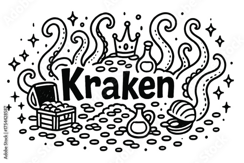 Kraken's Starry Hoard. Doodle kraken’s hoard with stars, tentacles, and sparkles, center word “Kraken” in black and white isolated