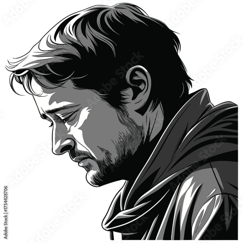portrait of a brooding man, chiaroscuro lighting, dramatic shadows, moody expression, strong jawline, tousled hair, detailed facial features, digital illustration.