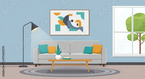 Illustration of a cozy living room with a sofa, painting, lamp, and window, creating a comfortable and inviting atmosphere for relaxation and leisure