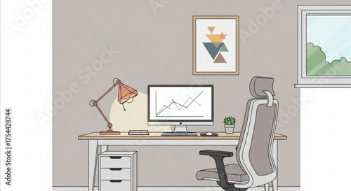 Illustration of a modern home office setup with a desk, computer, chair, and window, creating a productive and comfortable workspace for remote work