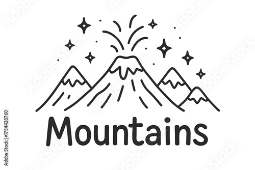 Doodle Volcanic Peaks. Doodle volcanic mountain range with stars, peaks, and sparkles, center word “Mountains” in black and white