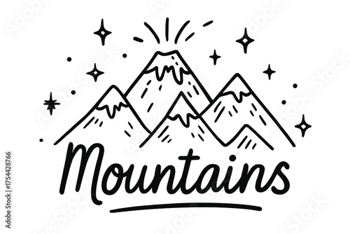Doodle Volcanic Peaks. Doodle volcanic mountain range with stars, peaks, and sparkles, center word “Mountains” in black and white