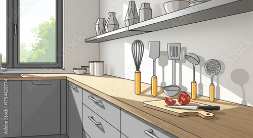 A bright and modern kitchen interior with gray cabinets, wooden countertops, and a window, showcasing a clean and organized space with cooking utensils and fresh produce
