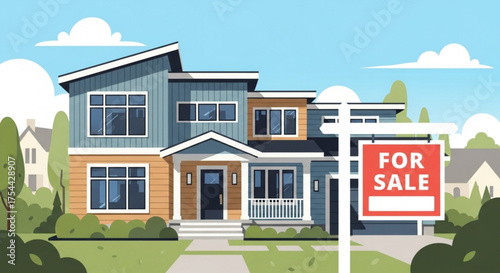 Beautiful modern house for sale with a sign in front of it real estate, property, and home ownership concept investment and mortgage