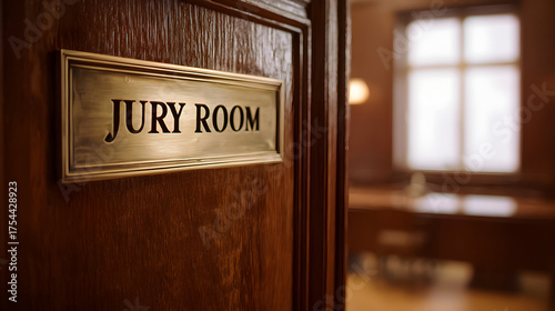 Sign for jury room in a courthouse clearly displayed near a wooden door with a classic design
