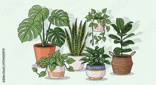 Collection of indoor plants in pots illustration set of monstera, snake plant, pothos, and fiddle leaf fig home decor and gardening concept vector design