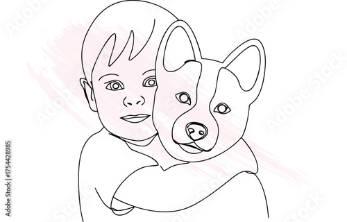Child hugging a dog with love Minimalist continuous line drawing Symbolism of friendship 