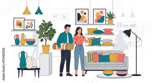 Couple shopping for home decor items in a furniture store, browsing shelves with vases, pillows, and artwork interior design and lifestyle concept