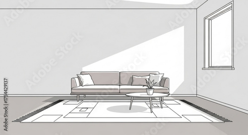 A cozy living room interior design with a sofa, rug, and window, creating a bright and inviting space, perfect for relaxation and modern living, sketch style