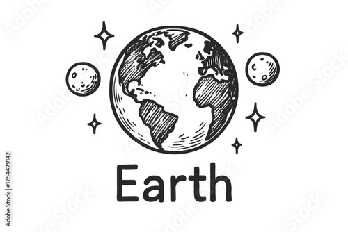 Earth and Moons Design. Hand-drawn earth with moons, continents, and sparkles, center word “Earth” in black and white isolated