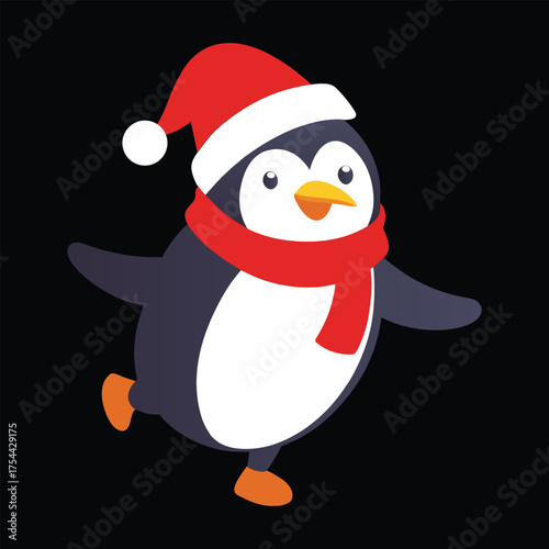 Cute cartoon penguin wearing a santa hat and red scarf vector illustration
