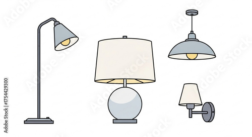 Collection of various lamps, including a floor lamp, table lamp, pendant light, and wall sconce, offering versatile lighting solutions