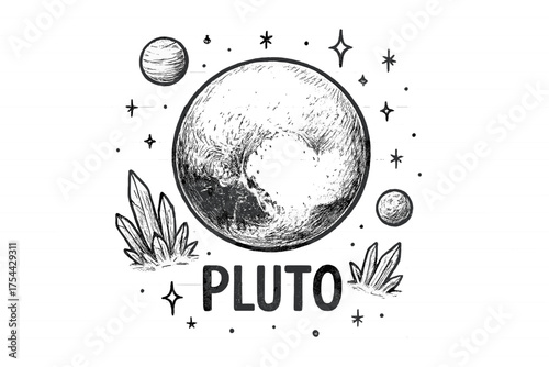 Pluto and Moons. Hand-drawn pluto with moons, ice, and sparkles, center word “Pluto” in black and white isolated transparent