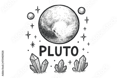 Pluto and Moons. Hand-drawn pluto with moons, ice, and sparkles, center word “Pluto” in black and white isolated transparent