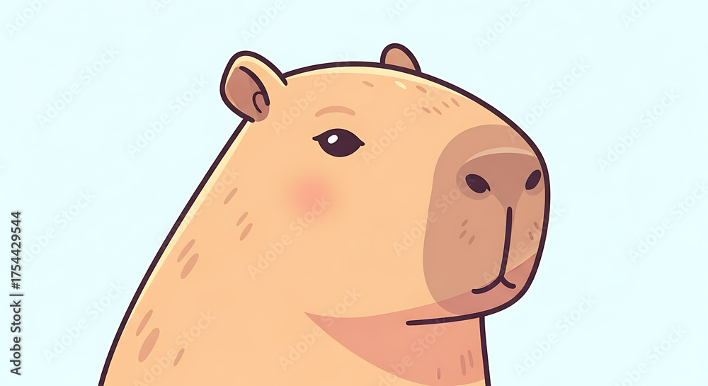 Naklejka premium Close-up cartoon illustration of a capybara's head against a light blue background, showcasing its gentle expression and distinctive features.