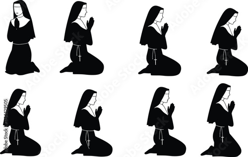 Catholic Nun Silhouette Kneeling in Prayer, Hands Clasped, Wearing a Rosary, Representing Faith, Religion, and Spirituality

.