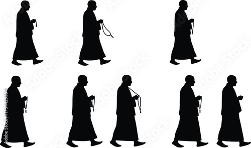 Buddhist Monk Silhouette Walking with Prayer Beads, Engaged in Meditative Practice, Representing Spirituality, Peace, and Religion

.
