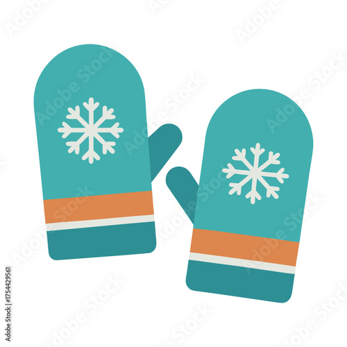 Pair of teal winter mittens with snowflakes and orange stripes 