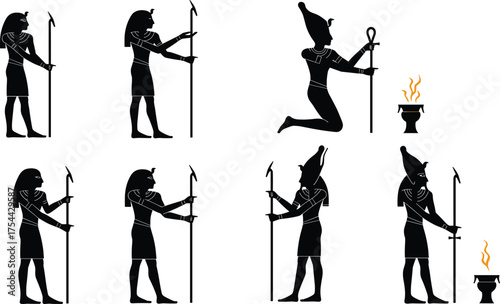 Ancient Egyptian God and Pharaoh Silhouettes with Staffs and Crowns, Representing Mythology, Ceremony, and Historical Rituals

.