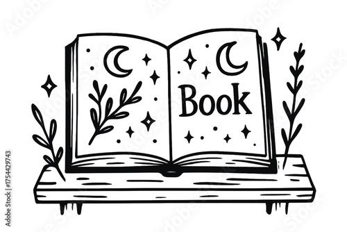 Mystical Spellbook Illustration. Hand-drawn spellbook on bench with moons, herbs, and sparkles, center word “Book” in black and