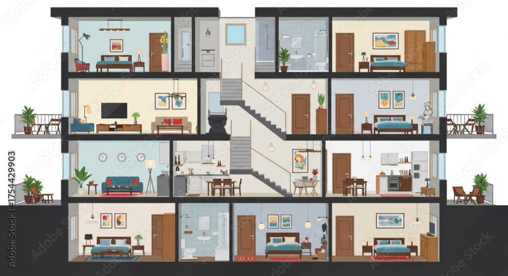 Naklejka premium Detailed crosssection of a modern apartment building showcasing interior design, furniture, and layout of various rooms, including bedrooms, living rooms, and kitchens