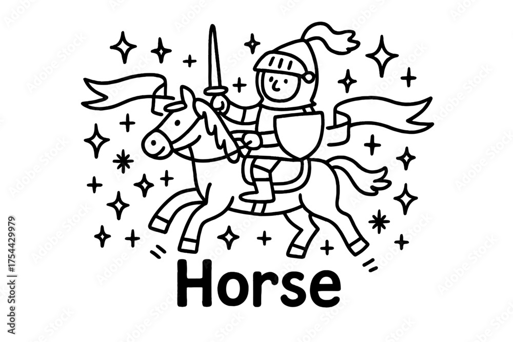 Fototapeta premium Doodle Knight Adventure. Doodle knight riding horse with stars, sparkles, and banners, center word “Horse” in black and white