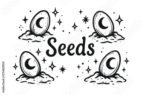 Enchanting Magical Seeds. Hand-drawn magical seeds with moons, sparkles, and soil, center word “Seeds” in black and white isolated