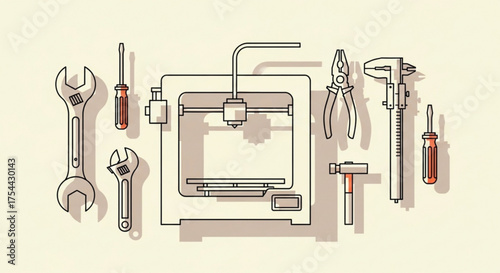 3d printer and tools illustration of a 3d printer with tools such as wrench, screwdriver, pliers, hammer and caliper