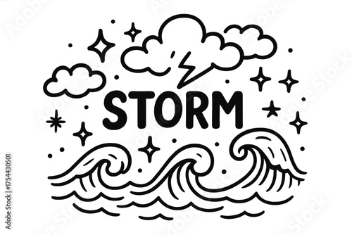 Stormy Sea Doodle. Doodle stormy sea with stars, clouds, and sparkles, center word “Storm” in black and white isolated transparent
