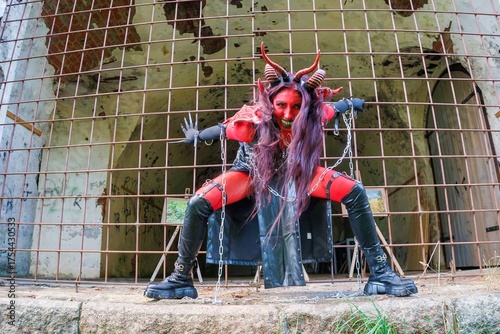 Demonic cosplay woman with horns and chains behind metal bars