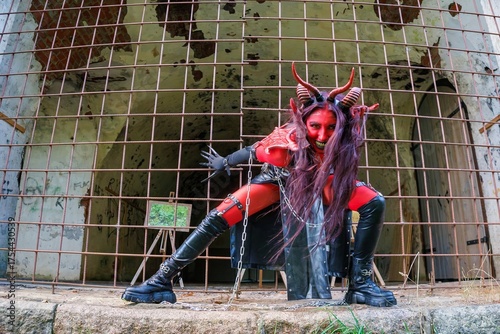 Demonic cosplay woman with horns and chains behind metal bars