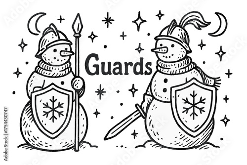 Snow Dungeon Guards. Hand-drawn snow dungeon guards with moons, sparkles, and shields, center word “Guards” in black and white