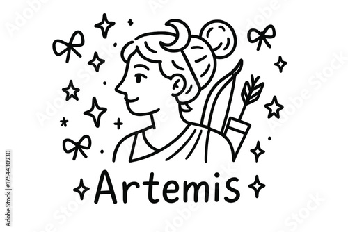 Artemis Starry Doodle. Doodle artemis with stars, bows, and sparkles, center word “Artemis” in black and white isolated